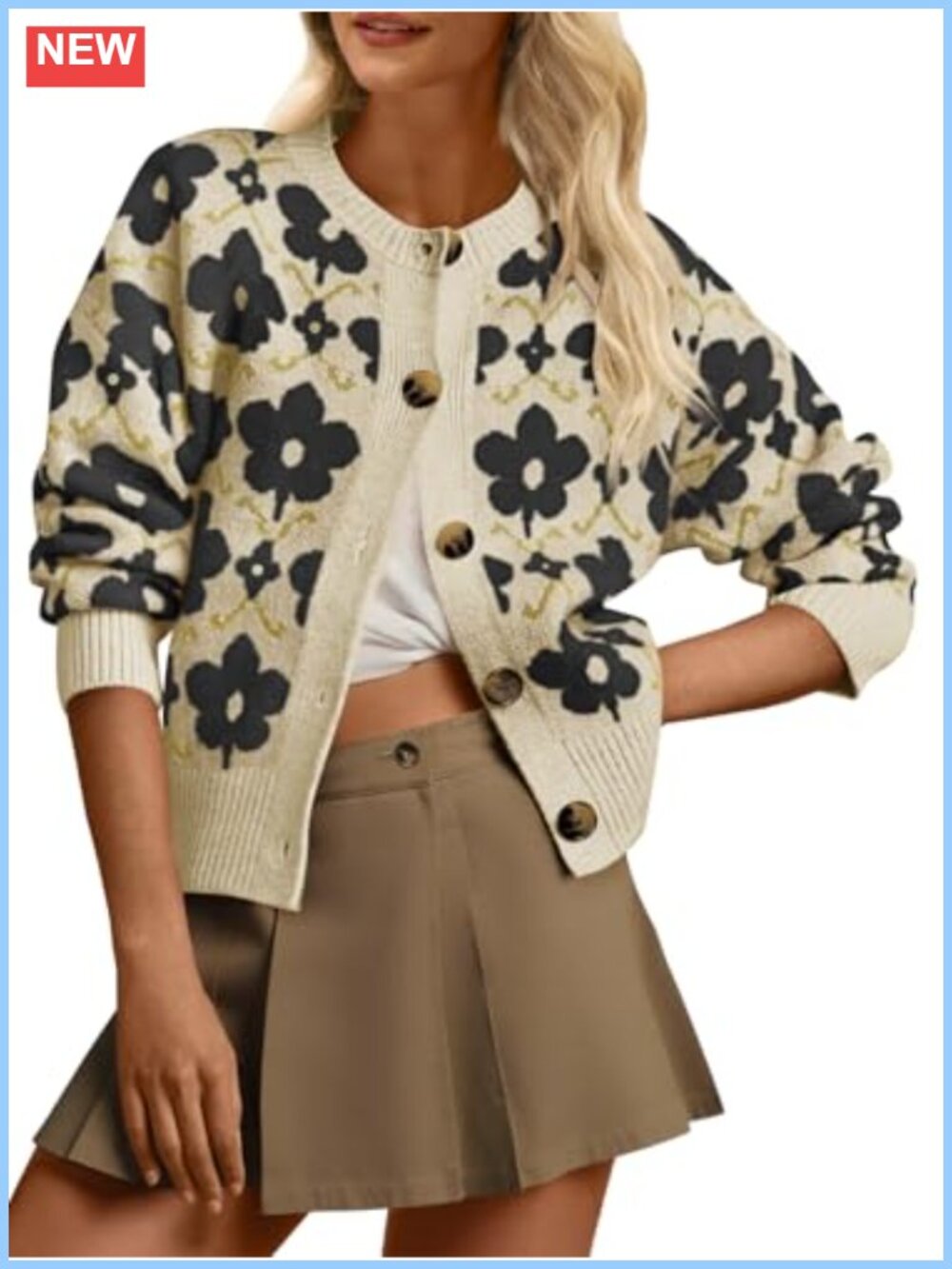 Womens Floral Knit Cardigan Sweater Button Down Open Front Long Sleeve